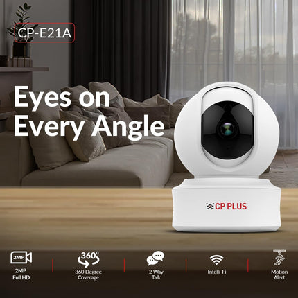 CP PLUS 2MP Full HD Smart Wi-fi Security Camera | 360° with Pan Tilt | 2Way Talk | Cloud Monitoring | Motion Detection| Night Vision | Supports SD Card (Upto 128 GB), Alexa & Ok Google | CP-E21A