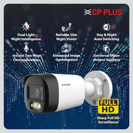 CP PLUS 2.4MP Dual Light Bullet CCTV Camera | Full HD 1080p Resolution | Smart Dual IR & Warm Light | Two-Way Talk (VoxaCam) | 30m Night Vision | 3.6mm Lens | CP-UMC-TA24L3-L