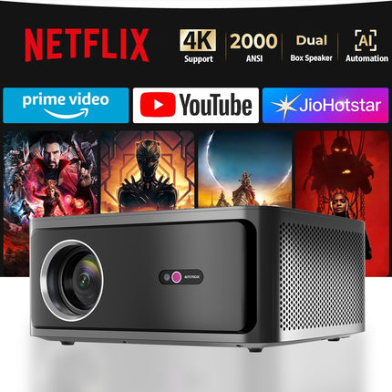 WZATCO Legend Optimus, Netflix Certified, Smart Home Projector 4k Ultra HD, Native 1080P Fully Automatic, 2000 ANSI, HDMI ARC, WiFi 6 & BT, Screen Mirroring, Portable Room Cinema, Black