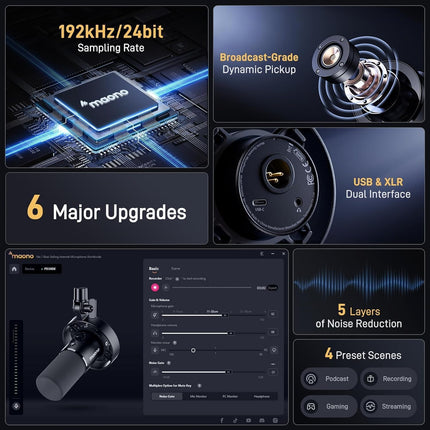 MAONO Dynamic Microphone for Podcast: PC Computer Gaming Mic USB-C & XLR with 192kHz/24bit for Podcasting Studio Recording Streaming Content Creation PD300XT Black