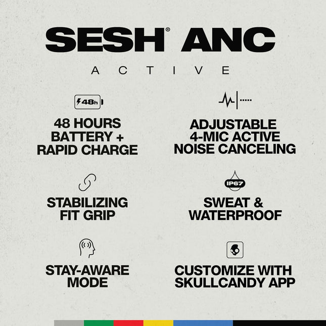 Skullcandy Sesh ANC Active True Wireless Bluetooth Earbuds with 4Mic Active Noise Cancellation,48Hr Battery,IP67 Waterproof Sports Earbuds,Multipoint Pairing,Google Fast Pair,Spotify Tap–Black/Orange