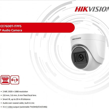 HIKVISION 2MP Dome with inbuilt Mic DS-2CE76D0T-ITPFS White Wireless 1080p