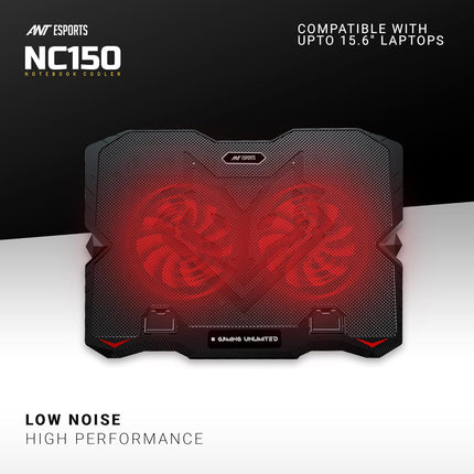 Ant Esports NC150 Ultra Slim and Sturdy Portable Laptop Cooling Pad with 2 * 1 125mm Red LED Fan, Anti Skid 5 Height Adjustable Stand, 2 USB Ports with Phone Holder- Supports 10-15.6 Inch Laptop