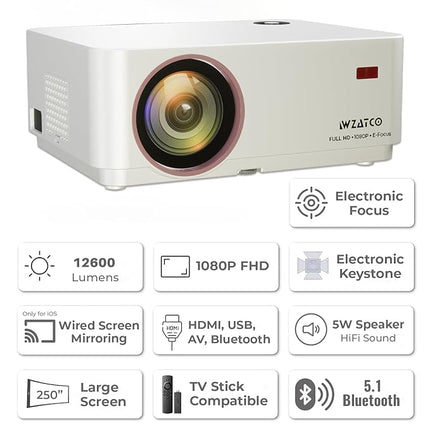 WZATCO Yuva Elite Automatic, Native 1080P Ultra Bright 12600 Lumens Projector for Home, 250” Screen | 5W Speaker | 2 Way Bluetooth | USB Screen Mirroring | White - Unboxify