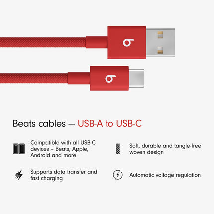 Beats USB-A to USB-C Woven Cable, Fast Charging, Durable and Tangle-Free Design, Compatible Charger for Apple & Android USB-C Devices (1.5 m) - Rapid Red