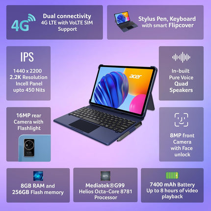 Acer Iconia Tab iM11-12M with Stylus Pen | 11.45” IPS Display, G99-8781 Processor, 8GB RAM + 256GB Storage, 16MP Rear+8MP Front Camera,Wi-Fi + 4G LTE(Calling), Android 14,BT 5.2, Slim Metal Body,Blue