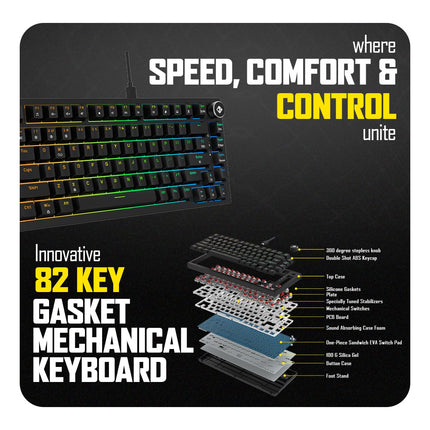 Cosmic Byte CB-GK-43 Phantom TKL Gasket Mechanical RGB Wired Keyboard, Pre-Lubed Outemu Red Switches, 1000Hz Polling, Software, Per-Key RGB, Swappable Switches, Volume Roller, USB C Port (Black)