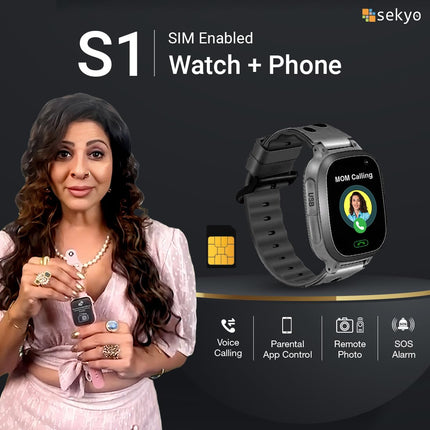 sekyo S1 Kids Smartwatch for Boys & Girls, Calling Smart Watch for Kids with Location Tracker, Camera, SOS & Safe Zone Alert, Family Chat, App Control, Airtel & Vi Micro SIM Support only -Black