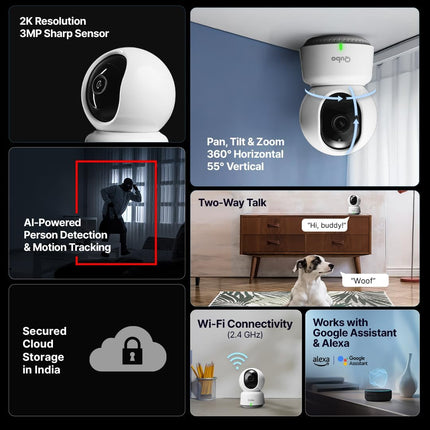 Qubo Smart 360° 3MP Wi-Fi  Security Camera | 2K Indoor CCTV Cam for Home | AI Person Detection | Automatic Alarm