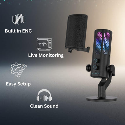 SKYVIK Glowcast USB Condenser Microphone with Noise Cancellation, RGB Lighting & Zero-Latency Monitoring for Podcasting, YouTube, Streaming & Gaming