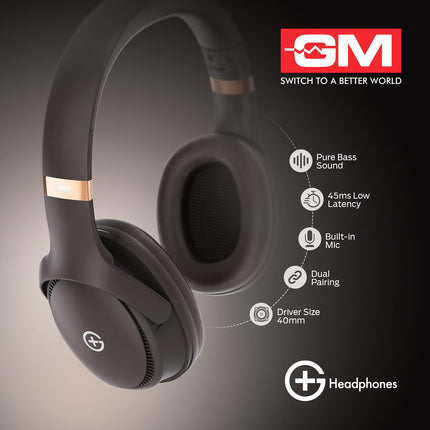GM G+ Headphones, 70H Playtime Over The Ear Headphones with Mic, BT 5.3, Pure Bass, 45ms Low Latency, Dual Pairing, 4 Play Modes (FM, Radio, SD Card & Aux), 1 Year Warranty