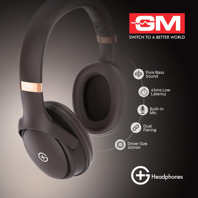 GM G+ Headphones, 70H Playtime Over The Ear Headphones with Mic, BT 5.3, Pure Bass, 45ms Low Latency, Dual Pairing, 4 Play Modes (FM, Radio, SD Card & Aux), 1 Year Warranty