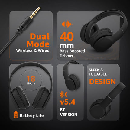 Amazon Basics Wireless Over Ear Headphones, Bluetooth 5.4, 40mm Drivers, 18H Playtime, Foldable Lightweight Design with Aux Support, Deep Bass & Mic, Black - Unboxify