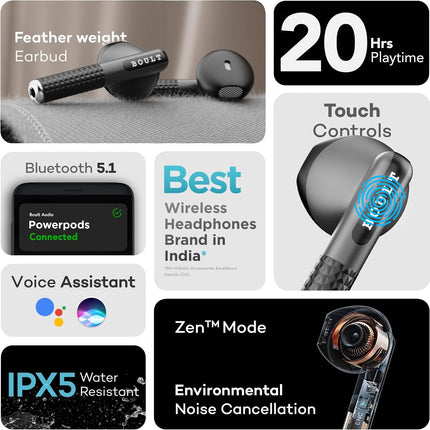 Boult Audio Newly Launched Airbass Powerpods Tws Featherweight Bluetooth Truly Wireless In Ear Earbuds With Mic, 20H Playtime With Zen Technology Enc, Fast Charging Type-C Ipx5 Water Resistant (Black)