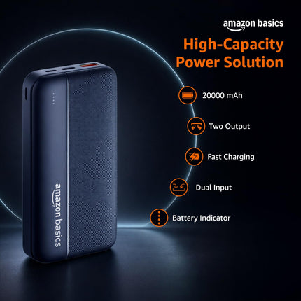 Amazon Basics 20000 mAh Power Bank | 22.5W Fast Charging | Dual Output & Input | Charge 3 Devices Simultaneously | for Smartphones, TWS Earbuds, Speakers, Tablets
