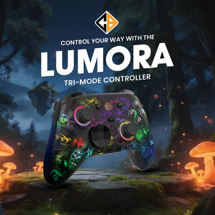 Cosmic Byte Lumora Tri-Mode Controller with Stealth Black RGB-Reveal Design, Hall Effect Joysticks & Triggers, Mechanical Buttons, 1000Hz Polling Rate, 6-Axis Gyro, Windows Software, 3.5mm Audio Jack, Macro & Turbo, 1300mAh Battery