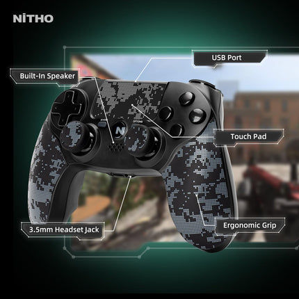 Nitho ADONIS Wireless Controller for PS4, PC, iOS & Android, PS5 (with PS4 Games Only), Gamepad Joystick with Dual Vibration | 6-Axis Motion Sensor | Touchpad | Built-in Speaker | 3.5 mm Jack - Camo