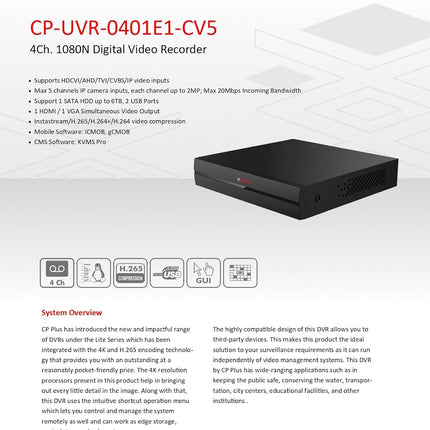 CP Plus 4 Channel DVR 1080N Digital Video Recorder CP-UVR-0401E1-CV5, Upto 2.4 MP Cameras Compatible, Black