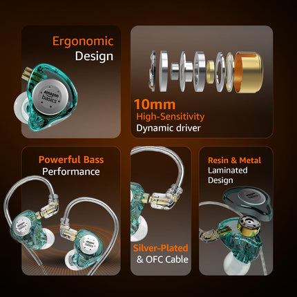Amazon Basics Pro Series IEM Earphone, HiFi Stereo | 3.5 mm Plug| Dual Magnetic Circuit Dynamic Driver | Resin Inlay Metal Body | Detachable 5N OFC Cable | with Mic |for Audiophiles & Musicians |Cyan