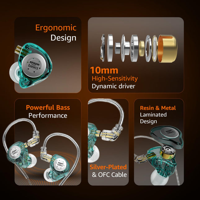 Amazon Basics Pro Series IEM Earphone, HiFi Stereo | 3.5 mm Plug| Dual Magnetic Circuit Dynamic Driver | Resin Inlay Metal Body | Detachable 5N OFC Cable | with Mic |for Audiophiles & Musicians |Cyan
