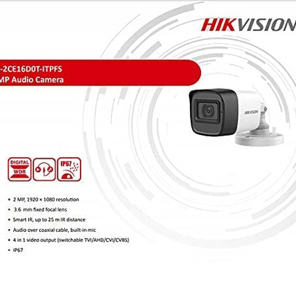 HIKVISION 2MP Outdoor Wired HD1080p with inbuilt Mic for Audio Recording DS-2CE16D0T-ITPFS + USEWELL BNC/DC, White