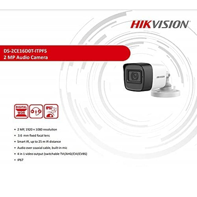 HIKVISION 2MP Outdoor Wired HD1080p with inbuilt Mic for Audio Recording DS-2CE16D0T-ITPFS + USEWELL BNC/DC, White