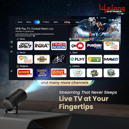 Lifelong Electronics Built-in Live TV Smart Projector | With 125+ Channels (No Subscription Required) | Android, 1080P & 4K Ultra HD Support, 720P Native | For Room & Outdoors | All OTT Apps | WiFi/BT