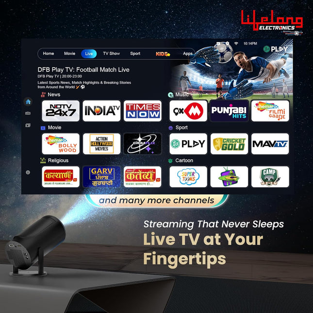 Lifelong Electronics Built-in Live TV Smart Projector | With 125+ Channels (No Subscription Required) | Android, 1080P & 4K Ultra HD Support, 720P Native | For Room & Outdoors | All OTT Apps | WiFi/BT