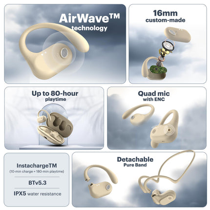 Noise Pure Pods Wireless Open Ear Earbuds with AirWave™ Technology,Up-to 80H Playtime,Quad Mic with ENC,16mm Neodymium Dynamic Driver,Detachable Pure Band,BTv5.3 (Zen Beige)