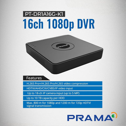 PRAMA 16 Channel H.265 2 MP DVR [PT-DR1A16G-K1] for Upto 2MP CCTV Cameras with USEWELL HDMI, Black