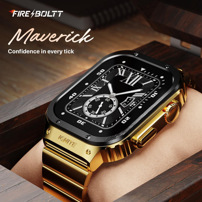 Fire-Boltt Maverick Smartwatch 51.308mm (2.02 inch) IPS Display, Luxury Stainless Steel Look, 320x385 Pixel Resolution, Bluetooth Calling, Voice Assistant (Black Gold)