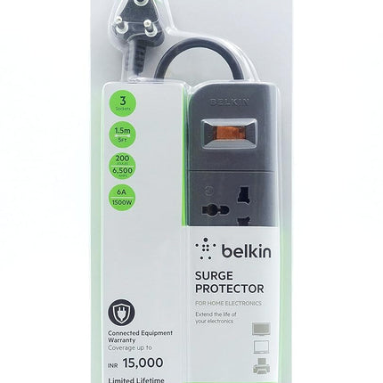Belkin 3-Socket Extention Board with Surge Protector Universal Socket with 5Ft (1.5-Meter) Heavy Duty Cable Overload Protection, Comes with 5 Years Manufacturer Warranty, Grey Color, 350 Volts