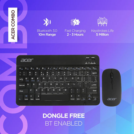 Acer Nano Pad Rechargeable Bluetooth Keyboard & Mouse Combo, 3 DPI Upto 1200 DPI, 78 Keys Anti Slip Back, Ultra Thin Design for Tablet, Laptop, Mobile, 10m Working Distance, Scissor Footed