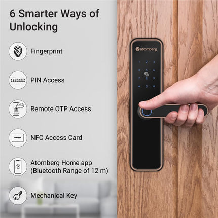 Atomberg Azhero Smart Door Lock | 6 Ways Unlocking | Fingerprint | PIN | Remote OTP | NFC Card | Atomberg App (Data Stored in India) | Key | Free Installation (Rose Gold)