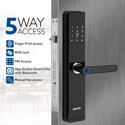 AGARO Royal Smart Door Lock with Handle, Auto Lock, Unlock with Finger Print/RFID Card/PIN Access/App with Bluetooth/Manual Key Access, Digital Door Lock, Anti-Theft Lock, Home Safety, Black