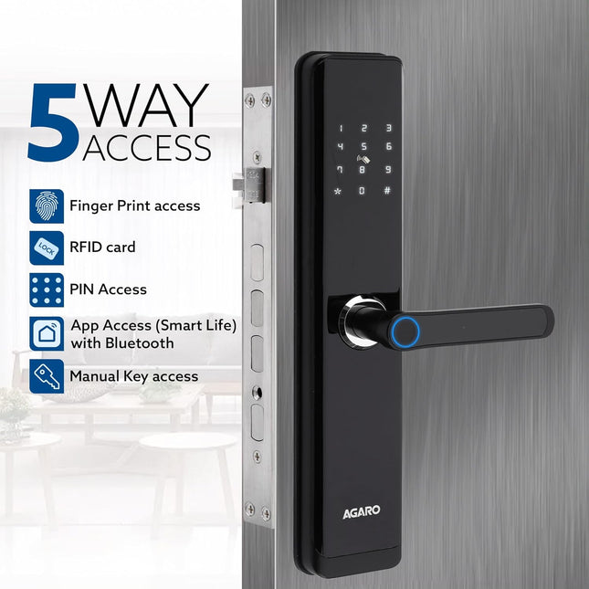 AGARO Royal Smart Door Lock with Handle, Auto Lock, Unlock with Finger Print/PIN Access/App with Bluetooth, Digital Door Lock, Anti-Theft Lock, Home Safety, Black (Accessories Missing)
