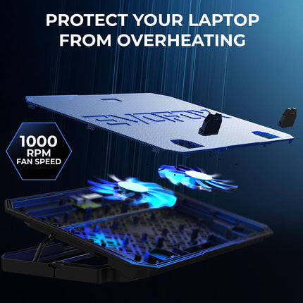 EvoFox Frost Laptop Cooling Pad with Phone Stand, 1000 RPM 2X Silent Fans, 5 Adjustable Angles, LED Lights, Durable Metal Mesh Surface, Ergonomic Stand for Laptops up to 15.6 inches