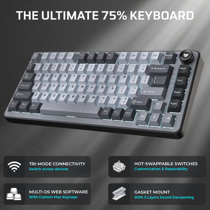 EvoFox Ronin X75 Tri-Mode Wireless Mechanical Keyboard| Gasket Mount, 5 Layer Sound Dampening, Hot Swap GTMX White Linear Switches,1000Hz Polling, Programmable, Muliti OS Web Software, Mac Key Caps