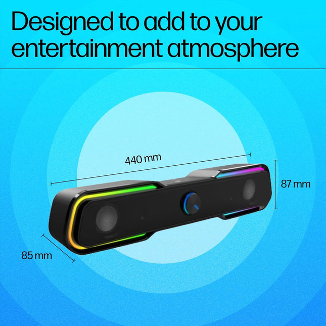 HP DHE-6002 Wired Speaker, 3.5mm aux connectivity, Surround Sound, PC and Phone Compatible, Easy Volume Controls, Touch-Controlled RGB Lighting, 1-Year Warranty, 0.77 kg, Black, 8C573AA