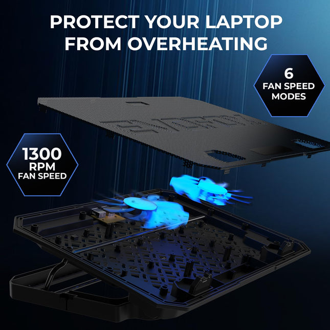 EvoFox Frost Plus Laptop Cooling Pad | Laptop Cooler Pad with Dual Fans, Blue LED Backlight, Iron Mesh Design, LCD Display, Adjustable Stand, Ultra-Quiet Dual USB Cooling Pad (Black)