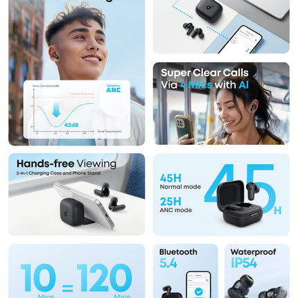 soundcore R50I Nc By Anker Noise Cancelling in Ear Earbuds,Strong 42Db Adaptive Noise Cancelling,Powerful Bass,45H Playtime,2-in-1 Case and Phone Stand,Ip54,Fast Charge 10Min = 120 Min,Bluetooth 5.4