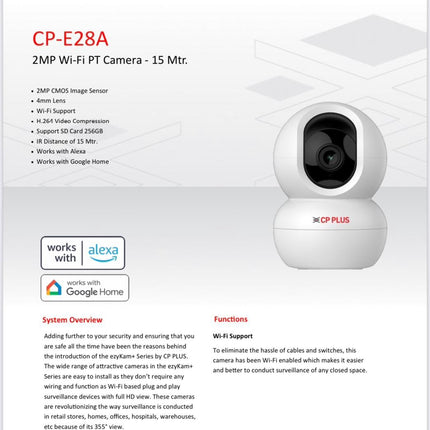 CP Plus 2MP Full HD Wi-fi CCTV Camera | 360°View PT Camera | Motion Tracking | Cloud Monitoring | 2-Way Talk, Night Vision| Support SD Card (Up to 256 GB) | Privacy Mode - CP-E28A