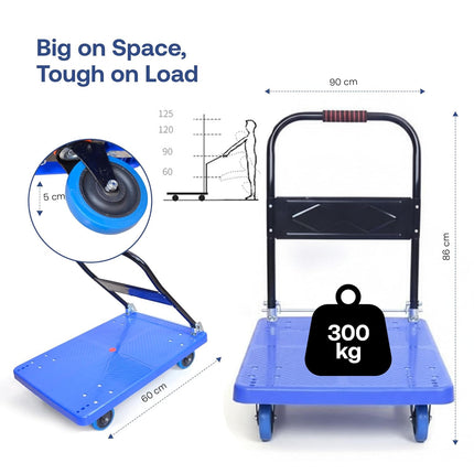 BonKaso 300Kg Heavy-Duty Foldable Platform Trolley | Plastic Hand Truck with 4 Wheels & Cushioned Grip Handle | Durable Material Cart for Home, Office, Warehouse & Industrial Use (90x60x86cm, Blue)