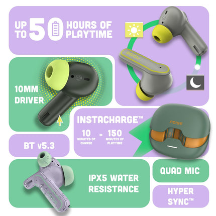 Noise Pop Buds Truly Wireless Earbuds with 50H of Playtime, Quad Mic with ENC, Instacharge(10 Min=150 Min) Bluetooth V5.3(Forest Pop) True Wireless