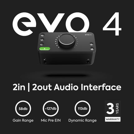 Audient EVO 4 2in/2out USB Audio Interface with Smartgain, 2 Mic Preamps, Dual XLR/TRS Mic/Line/DI Inputs, 48V Phantom Power, Loopback & Software Bundle - Unboxify