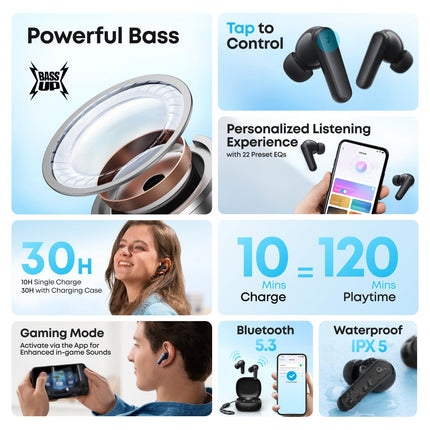 soundcore by Anker R50i VI True Wireless Earbuds, 10mm Drivers with Big Bass, Bluetooth 5.3, 30H Long Playtime, Water-Resistant, 2 Mics for AI Clear Calls, 22 Preset EQs, Customization via App (Black or White Colour)