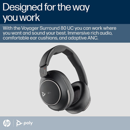 Poly (Plantronics) Voyager Surround 80 UC Teams Certified USB-C Headset + USB-C/A Adapter, Noise-Canceling Mics for Clear Calls + Adaptive ANC, Connect via Bluetooth, Black-Grey, 8G7U1AA