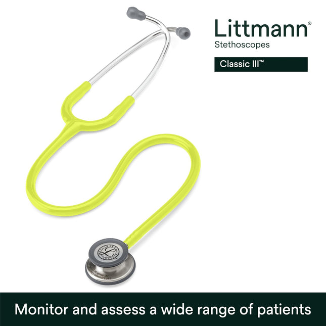 3M Littmann Classic III Monitoring Stethoscope, 5839, More Than 2X as Loud, Weighs Less, Stainless Steel Chestpiece, 27" Lemon-Lime Tube