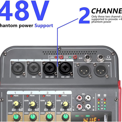 Powerpak MG-4 6-Channel Audio Mixer, Sound Board Mixing Console | 48V Phantom Power, MP3,Bluetooth,Echoes,USB Recording and XLR Output for DJ Show,Streaming,Podcasting