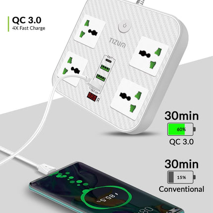 Tizum 3000W Power Converter, Fast Charging Extension Board/Cord with 4 Power Sockets, 1 QC/USB 3.1A, 1 PD Charger, 2 USB Ports, 2M Cord Length, Short Circuit Protection, 10Amp Power Outlet (White)